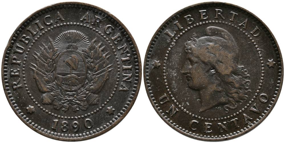 Аргентина 1 сентаво 1890 голова свободы влево KM 7 бронза 4525-1031