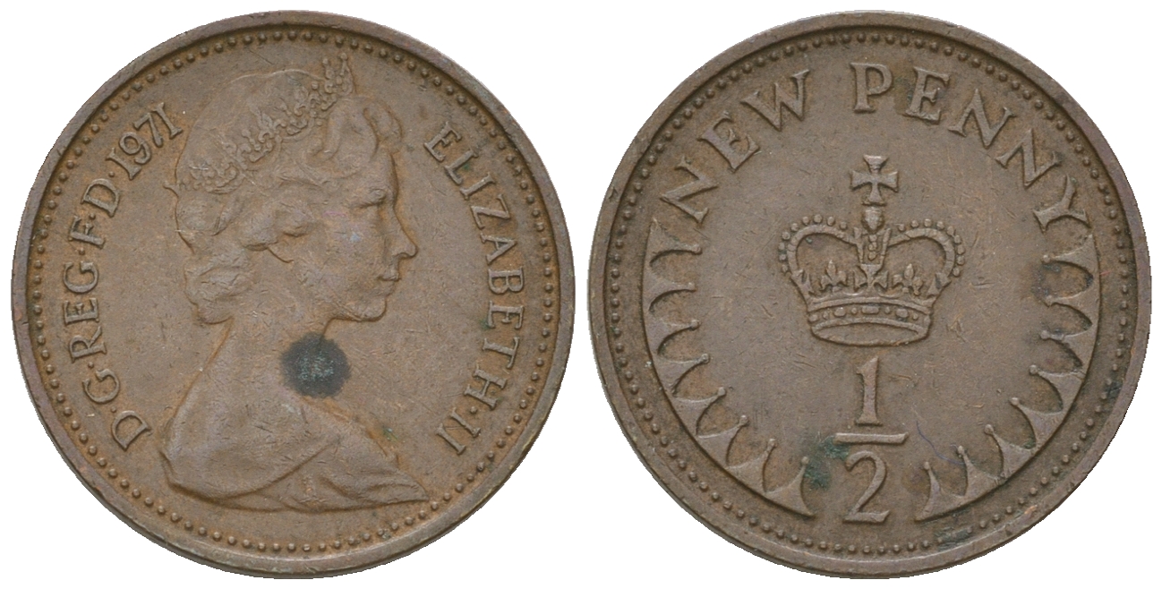 Великобритания 1/2 пенни 1971 Елизавета II (1952-2022) KM 914, Spink 4239 бронза 3458-1265