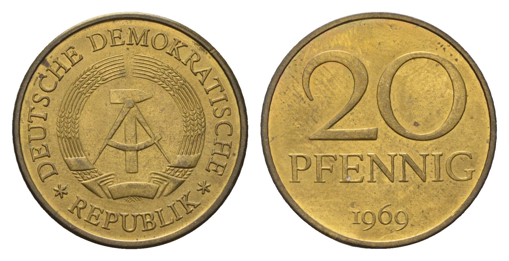 ГДР 20 пфеннигов 1969 KM 11 латунь UNC 4695-1026