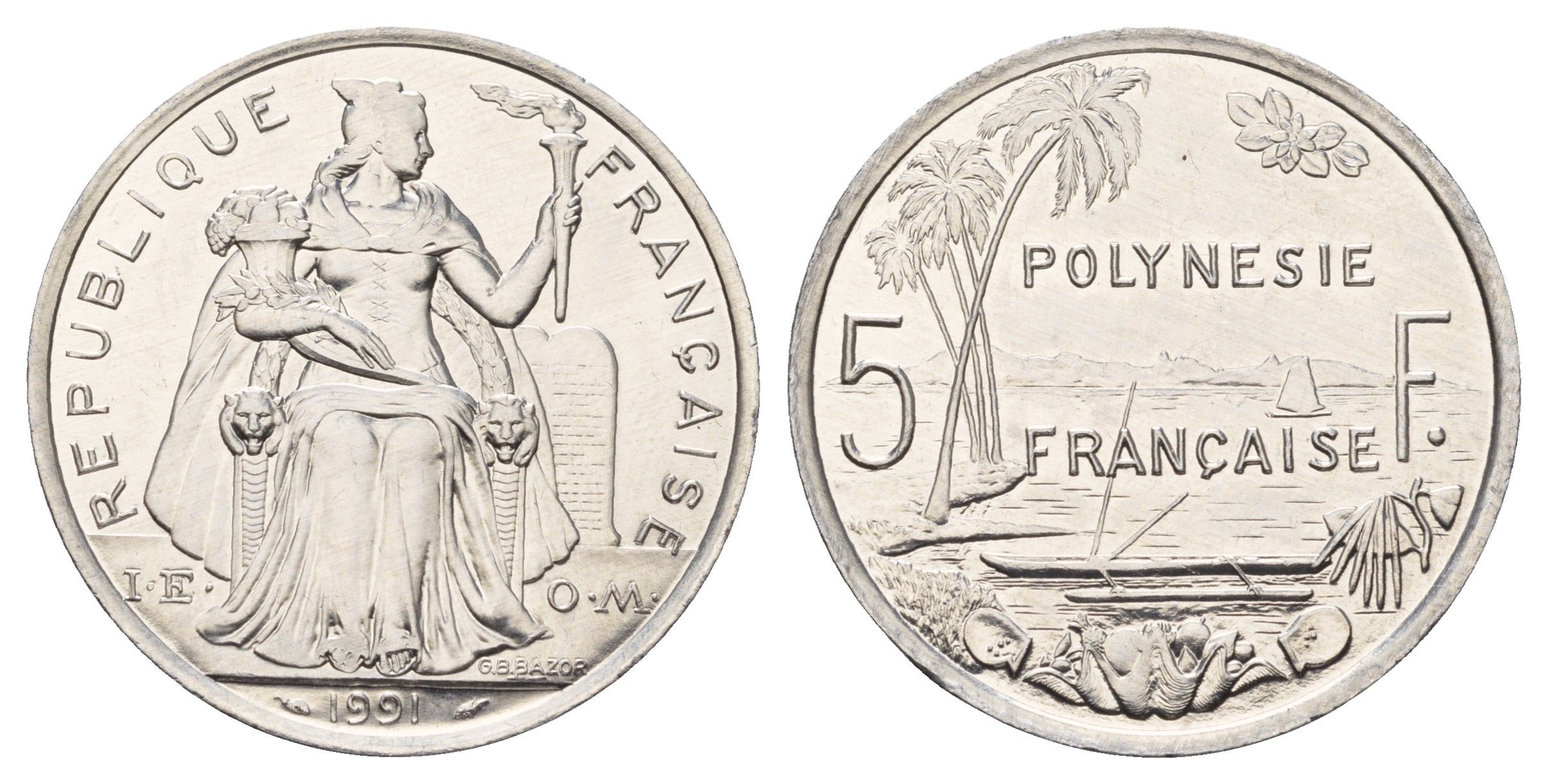 Французская Полинезия 5 франков 1991 KM 12 алюминий UNC 4634-741