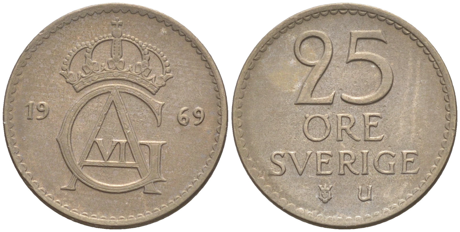 Швеция 25 эре 1969 Густав VI Адольф (1950-1973) KM 836 медно-никель UNC 187-839