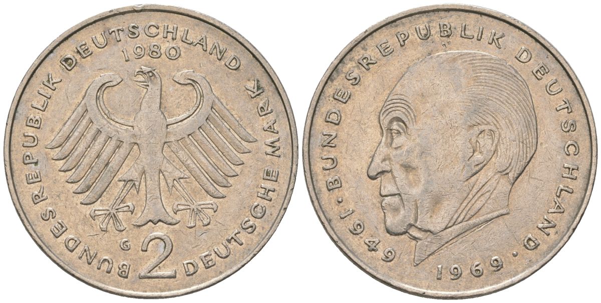 ФРГ 2 марки 1980 G, Конрад Аденауэр, 20 лет Федеративной Республике KM 124 медно-никель 4565-545