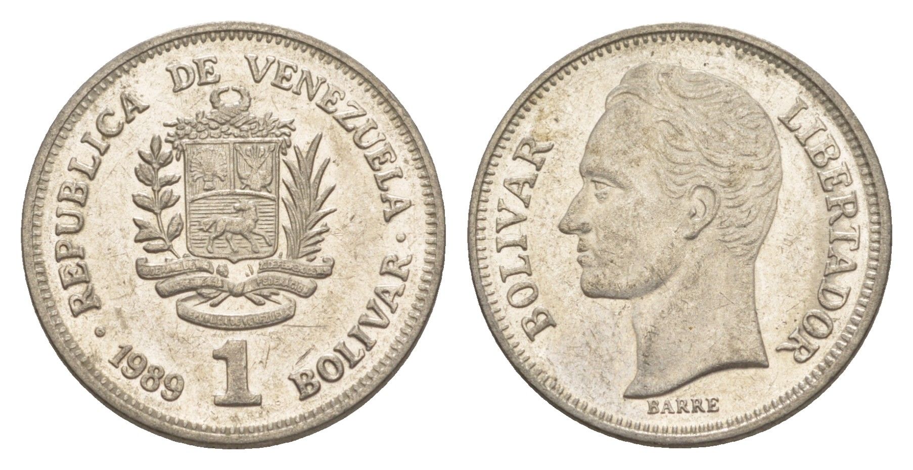 Венесуэла 1 боливар 1989 Симон Боливар, тонкий шрифт Y 52a.1 сталь плакированная никелем 4589-544