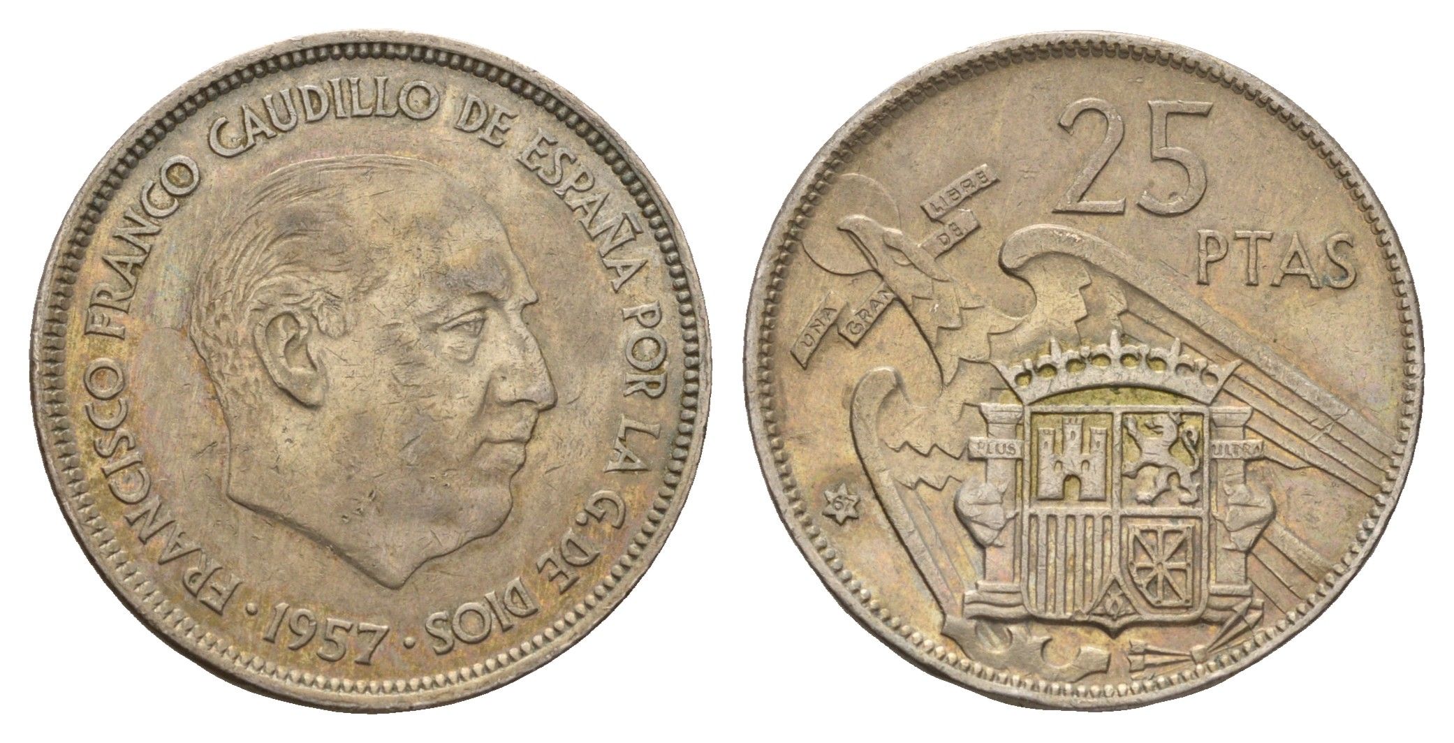Испания 25 песет 1957 (67) Франсиско Франко (1939-1975) KM 787 медно-никель 4671-1031