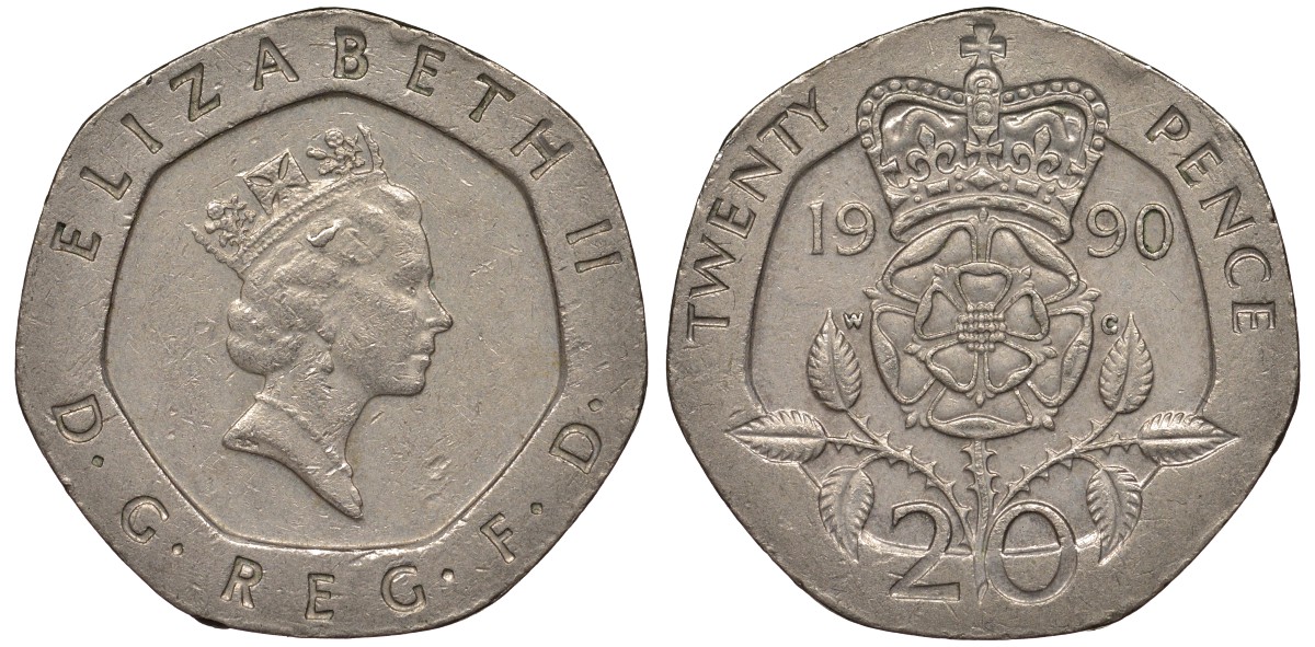 Великобритания 20 пенсов 1990 Елизавета II (1952-2022) KM 939, Spink 4361 (G2) медно-никель 4122-1121