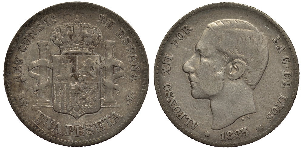 Испания 1 песета 1885 (85), MS-M, Альфонсо XII (1874-1885) KM 686 (Y-B76) серебро 1530-643