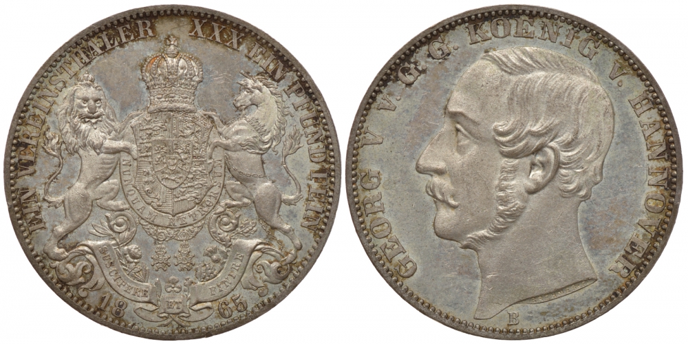 Брауншвейг-Каленберг-Ганновер 1 талер 1865 B, Георг V (1851-1866) KM 230, AKS 144, Dav. 682, Kahnt 239, Thun 174 серебро UNC 00-809-34