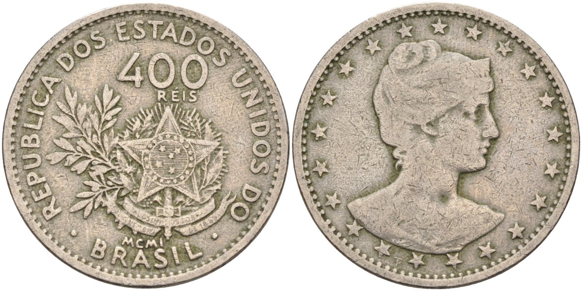 Бразилия 400 рейс 1901 голова свободы вправо KM 505 медно-никель 4367-221