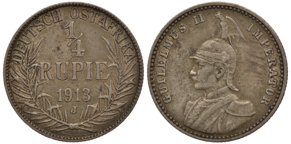 Немецкая Восточная Африка (Танзания) 1/4 рупии 1913 J, Ost-Africa, Вильгельм II Jaeger 720, KM 8 серебро 5010-623