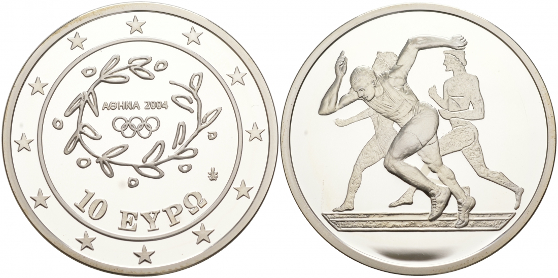 Греция 10 евро 2003 XXVIII летние Олимпийские игры 2004 года в Афинах, легкая атлетика, бег KM 190 серебро PROOF 02-056-15