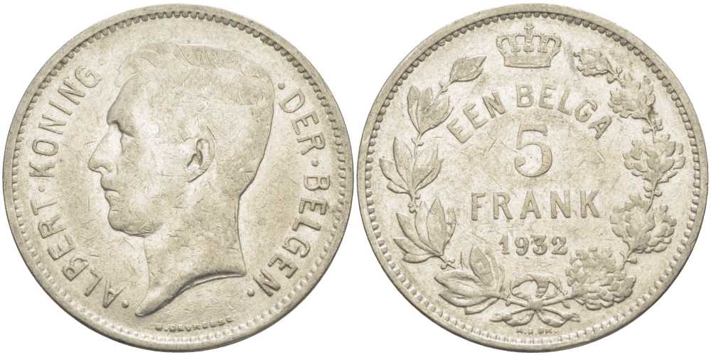 БЕЛЬГИЯ 5 ФРАНКОВ 1932 АЛЬБЕРТ I, DER BELGEN KM 98 никель 3851-423