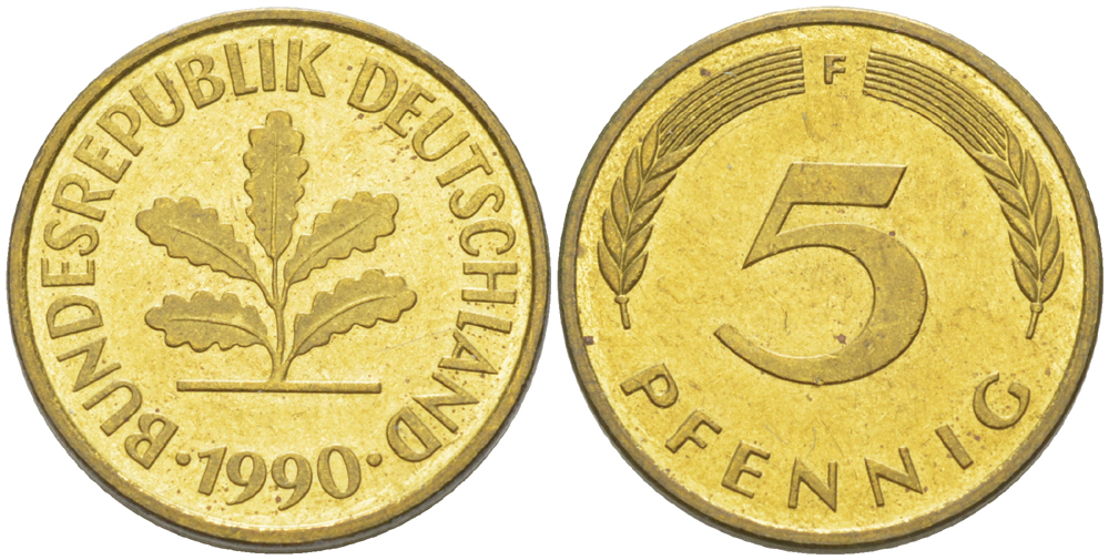 ФРГ 5 ПФЕННИГОВ 1990 F KM 107, J. 382 сталь плакированная латунью 4181-1031