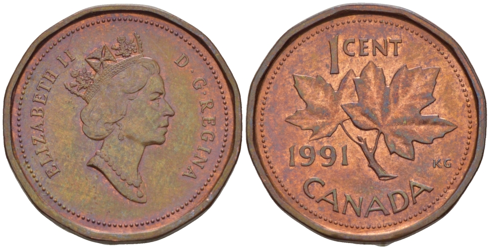 Канада 1 цент 1991 Елизавета II (1952-2022), кленовый лист KM 181 бронза 46-2333