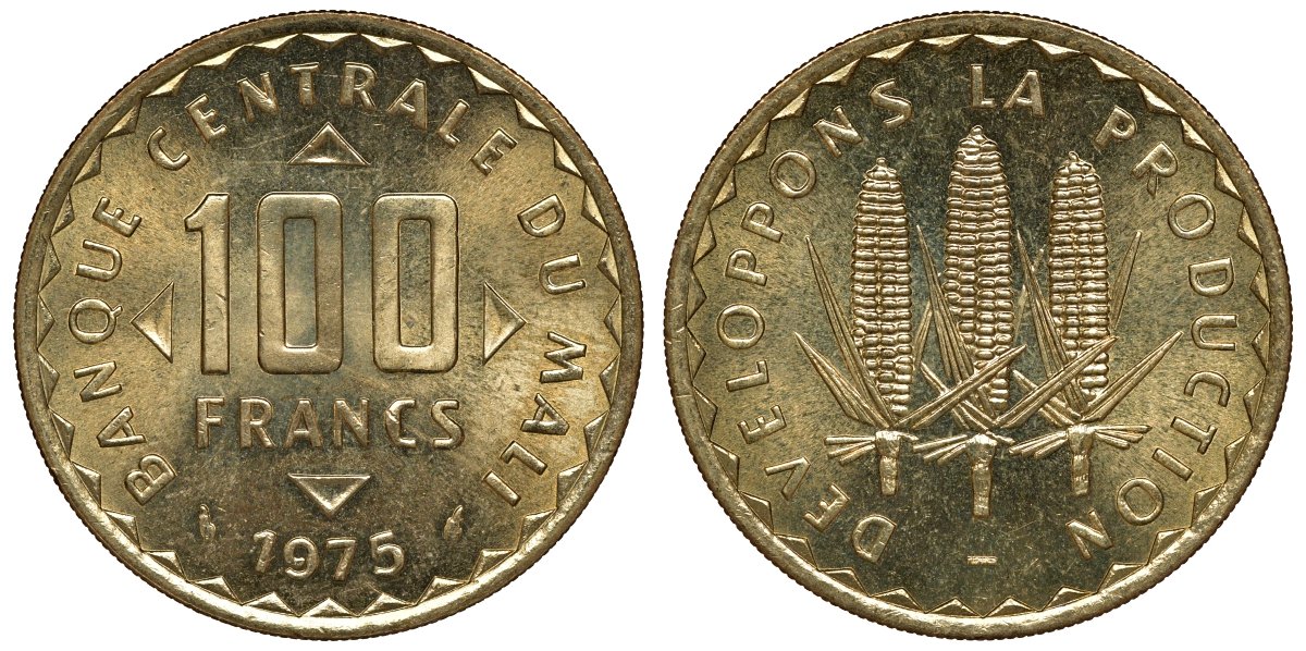 Мали 100 франков 1975 ФАО, кукуруза KM 10 никель-латунь UNC M56-05
