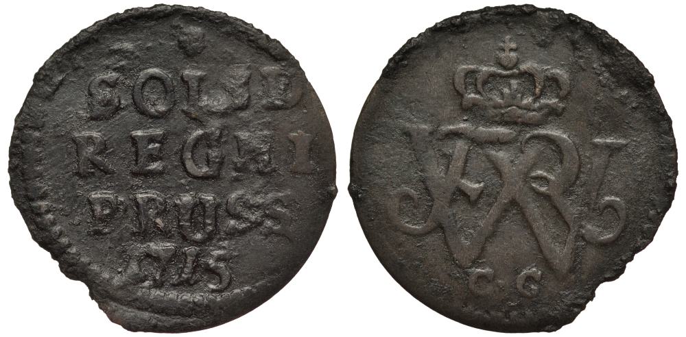 ПРУССИЯ 1 ШИЛЛИНГ 1715 CG, ФРИДРИХ ВИЛЬГЕЛЬМ I (1713-1740), ВЕС 0,59 ГР. KM 120 серебро 1516-422