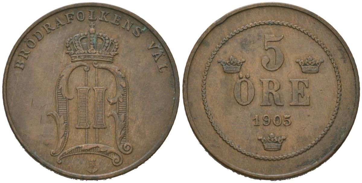 Швеция 5 эре 1905 Оскар II (1872-1907) KM 757 бронза 4171-756