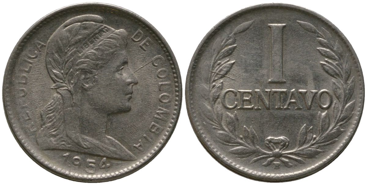 Колумбия 1 сентаво 1954 B KM 275a, Schon 12a, Hernandez 331, Restrepo 349 сталь плакированная никелем 4576-1219
