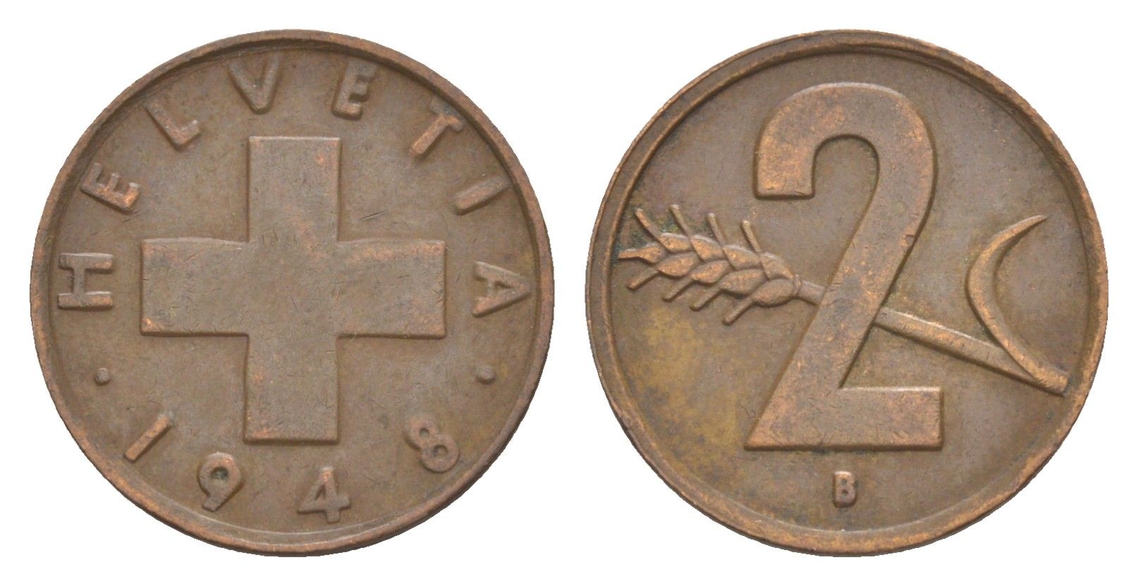 Швейцария 2 раппена 1948 B KM 47 бронза 4630-627