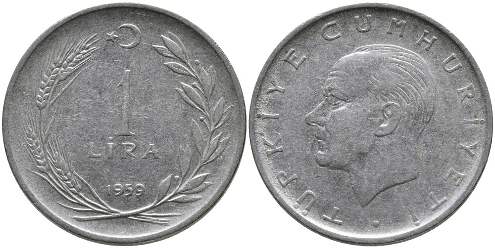 Турция 1 лира 1959 Мустафа Кемаль Ататюрк KM 889а.1 нержавеющая сталь 4541-225