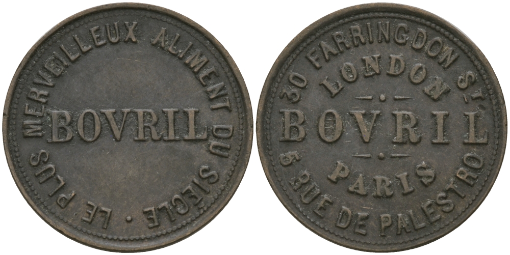 АНГЛИЯ ЖЕТОН, ТОКЕН ND BOVRIL, КОМПАНИЯ, ЛОНДОН-ПАРИЖ, В 50 РАЗ БОЛЬШЕ МЯСА, РЕКЛАМНЫЙ ТОКЕН КОНЦЕНТРАТА МЯСНОГО БУЛЬОНА, ДИАМЕТР 21,5 ММ. бронза 98-821