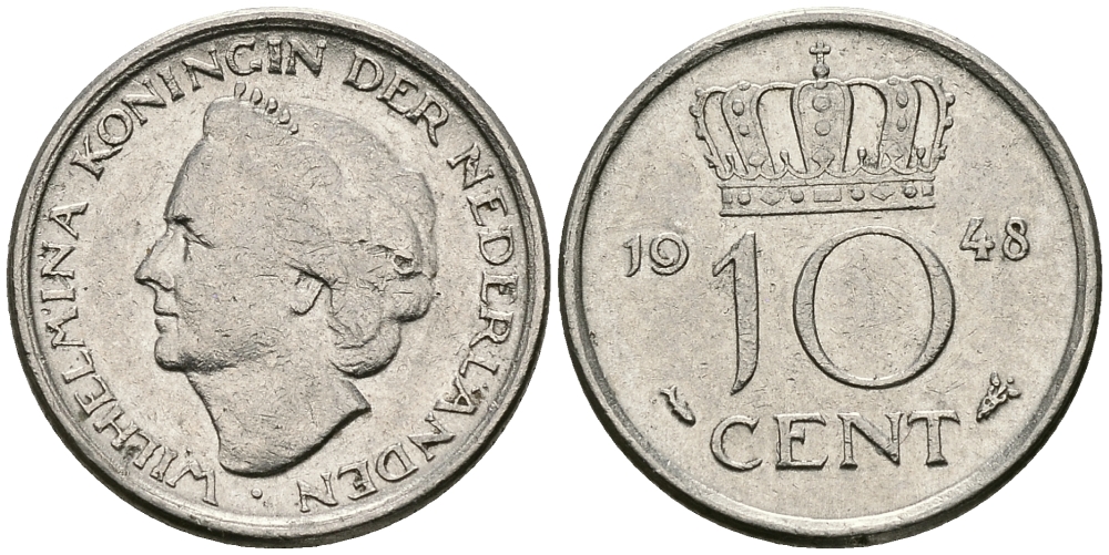 Нидерланды 10 центов 1948 Вильгельмина (1895-1948) KM 177 никель 96-532