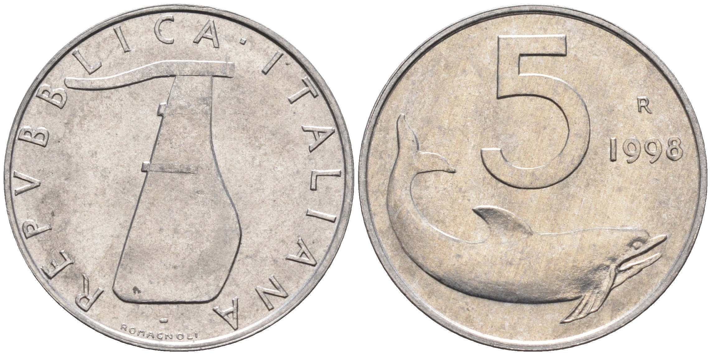 Италия 5 лир 1998 R, дельфин KM 92 алюминий  UNC  4594-725