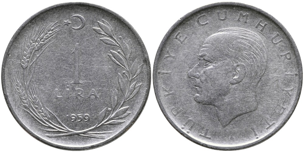 Турция 1 лира 1959 Мустафа Кемаль Ататюрк KM 889а.1 нержавеющая сталь 4541-234