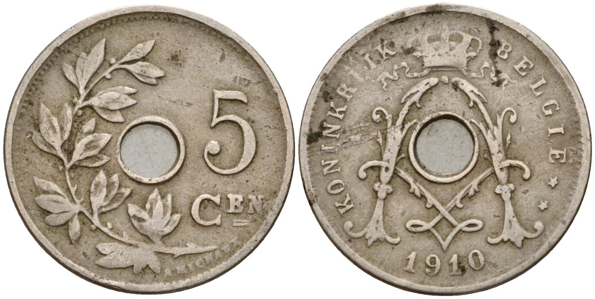 Бельгия 5 сантимов 1910 Belgie KM 67 медно-никель 4177-446