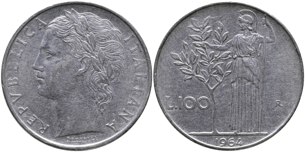 ИТАЛИЯ 100 ЛИР 1964 R, АФИНА KM 96.1 нержавеющая сталь 97-545