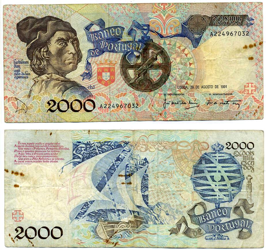 ПОРТУГАЛИЯ 2000 ЭСКУДО 1991 29 АВГУСТА 1991, БАРТОЛОМЕУ ДИАШ Pick 186b бумага VF 7203-63-2