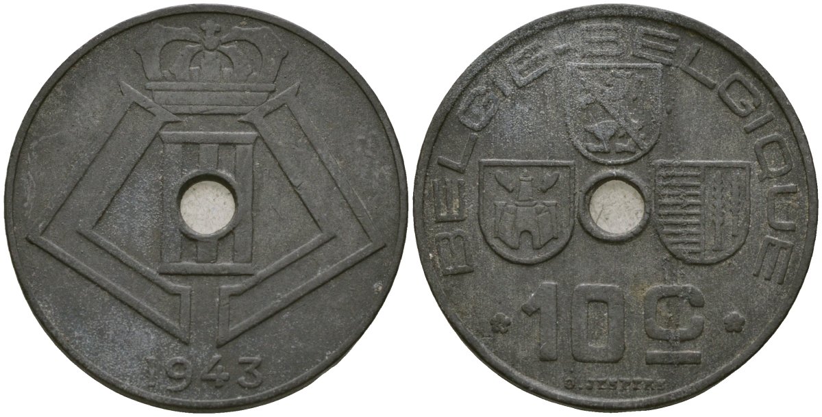 Бельгия 10 сантимов 1943 BELGI? - BELGIQUE, Германская оккупация, вторая мировая война KM 126 цинк 4132-231