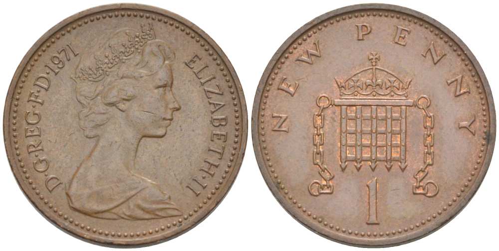 Великобритания 1 пенни 1971 Елизавета II (1952-2022) KM 915, Spink 4237 (B1) бронза 3955-1066