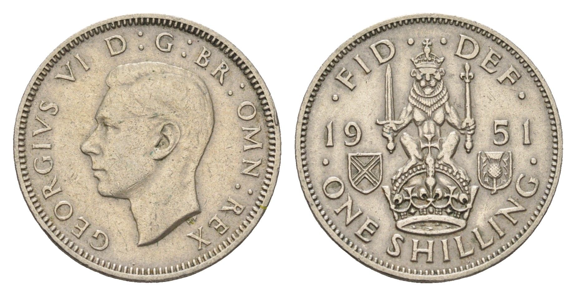 Великобритания 1 шиллинг 1951 Георг VI (1936-1952), Шотландский герб KM 877, Spink 4109 медно-никель 4182-347