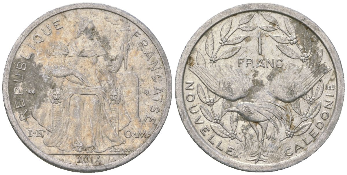 Французская Новая Каледония 1 франк 2014 птица кагу, (IEOM) KM 10, Schoen 10 алюминий 31-1147