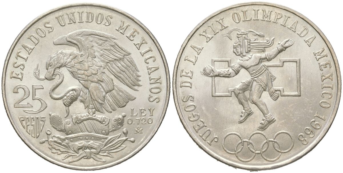 Мексика 25 песо 1968 Летние Олимпийские игры 1968, Мехико KM 479 серебро UNC 4368-313