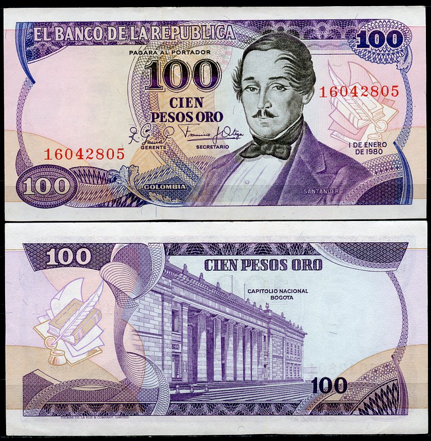Колумбия 100 песо 1980 генерал Франсиско де Паула Сантандер, герой освободительной войны, без букв Pick 418 b  бумага  UNC (пресс) 7202-34-2