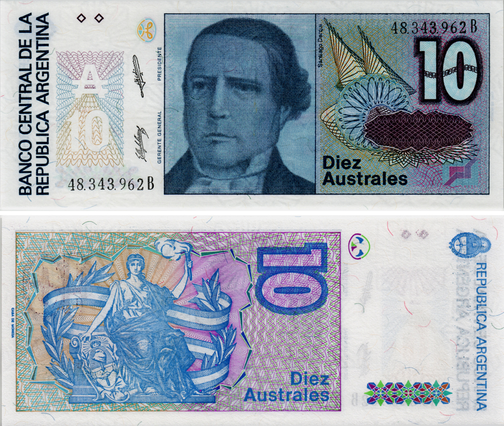 АРГЕНТИНА 10 АУСТРАЛЕЙ 1988 СЕРИЯ В 48343, САНТЬЯГО ДЕРКИ, ПРЕЗИДЕНТ АРГЕНТИНЫ Pick 325b бумага UNC (ПРЕСС) 7218-20-1