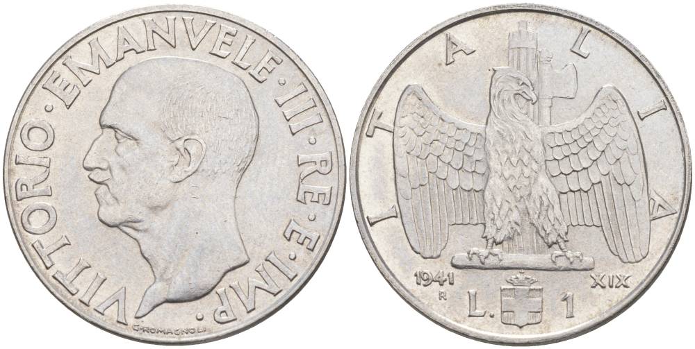 ИТАЛИЯ 1 ЛИРА 1941 R, ГОД XIX, ВИКТОР ЭММАНУИЛ III (1900-1946), МАГНИТНАЯ, РЕДКАЯ KM 77b, VEM3. 1099 нержавеющая сталь 3855-426