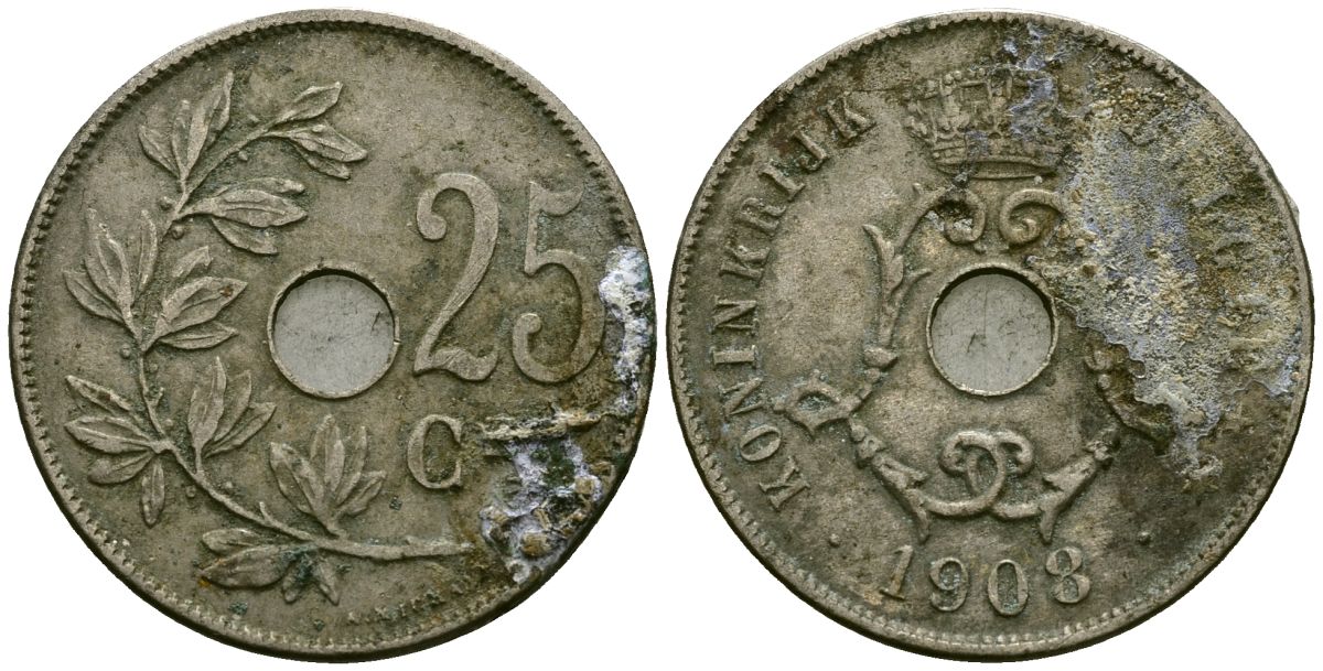 Бельгия 25 сантимов 1908 Belgie KM 63 медно-никель 4165-643