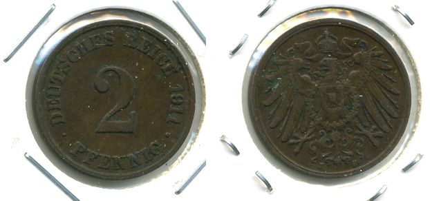 ГЕРМАНИЯ 2 ПФЕННИГА 1911 J KM 16, J.11 медь 701-525