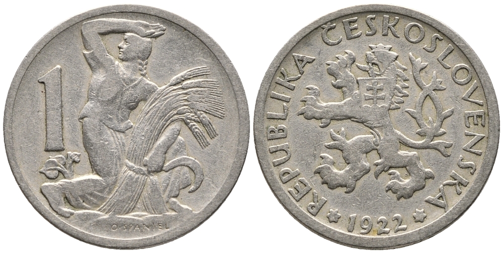Чехословакия 1 крона 1922 женщина со снопом и серпом KM 4 медно-никель 24-1136