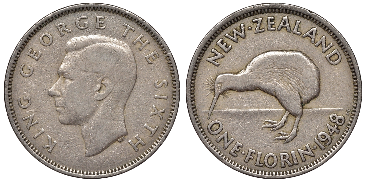 Новая Зеландия 1 флорин 1948 птичка киви, Георг VI (1937-1952), первый год KM 18 медно-никель    4117-436