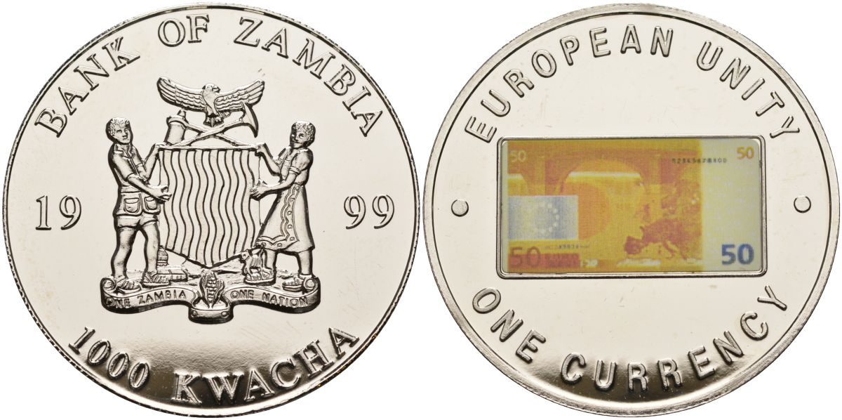 Замбия 1000 квача 1999 серия европейский союз - одна валюта, 50 евро реверс, серебрение KM 127 медь никель цинк 1098-3-44