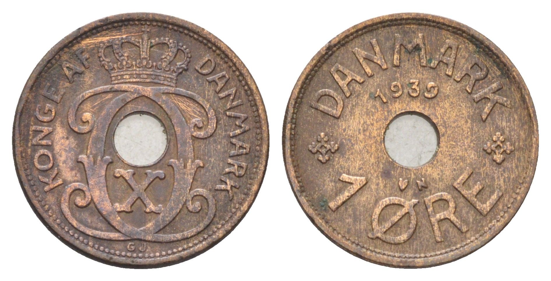 Дания 1 эре 1939 N, Кристиан X (1912-1947) KM 826 бронза 4701-623