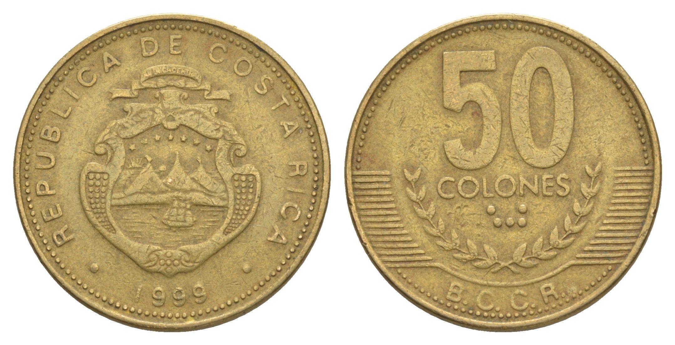 Коста-Рика 50 колонов 1999 KM 231.1 латунь 4631-221