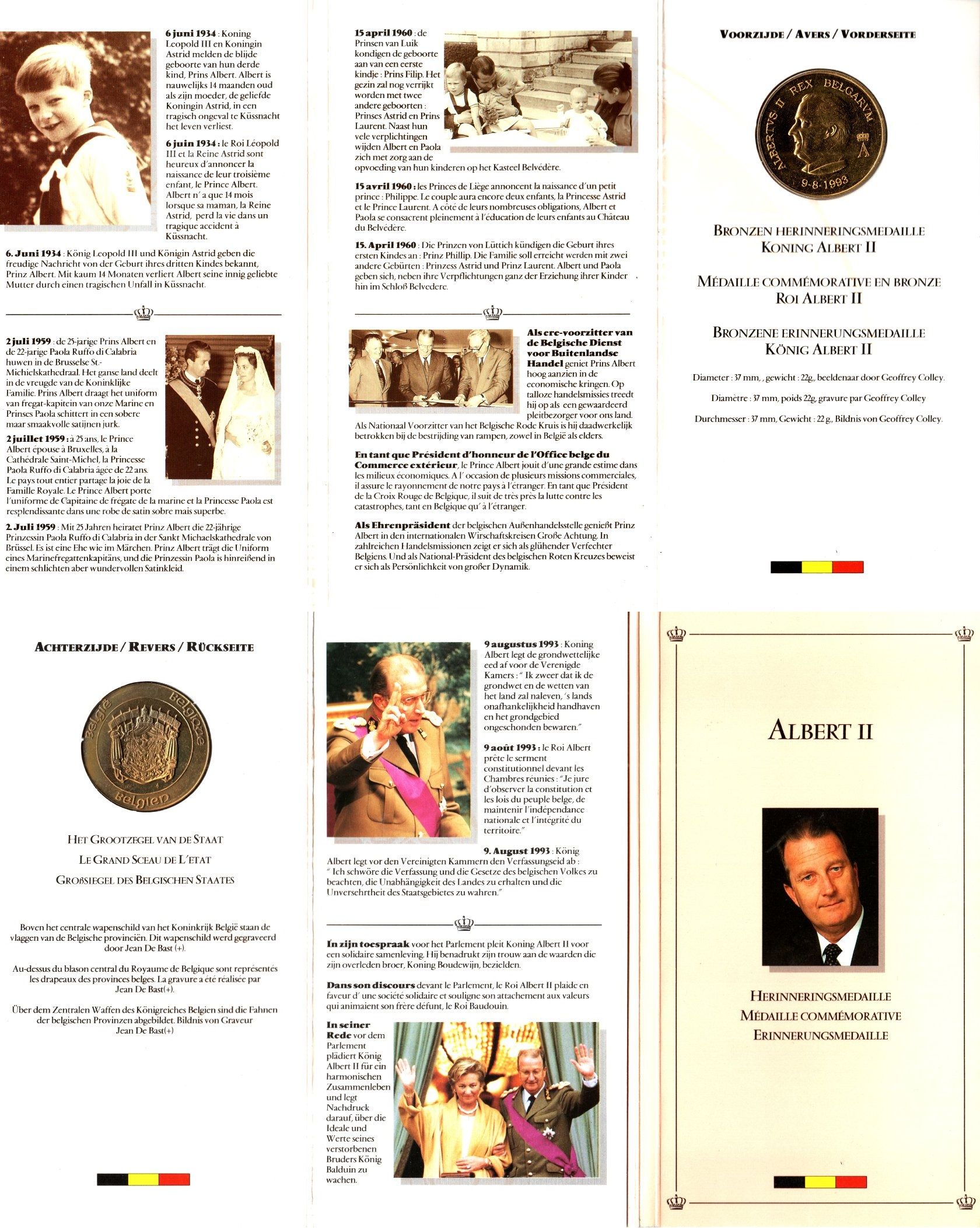 Бельгия медаль в честь вступления Альберта II на трон 1993 в оригинальном буклете 8-2-05-65