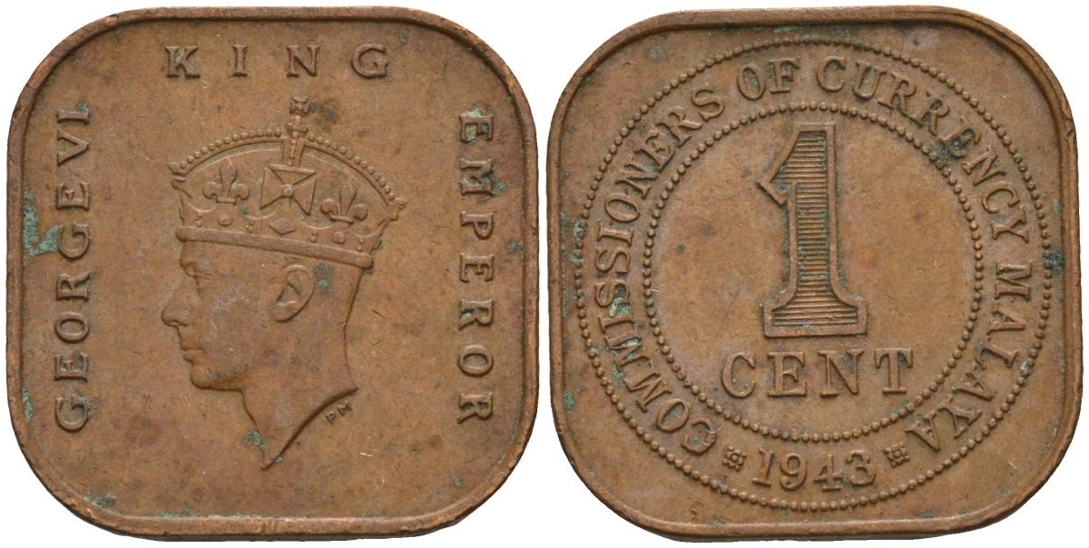 Британская Малайя 1 цент 1943 Георг VI (1937-1952) KM 6 бронза 4153-624