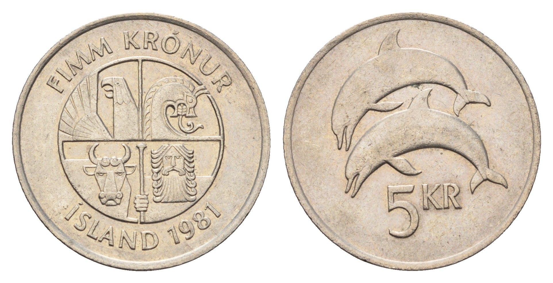 Исландия 5 крон 1981 дельфины KM 28 медно-никель 4591-551