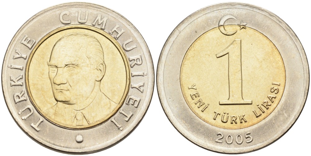 Турция 1 новая лира 2005 Кемаль Ататюрк KM 1169 биметалл UNC 4561-151