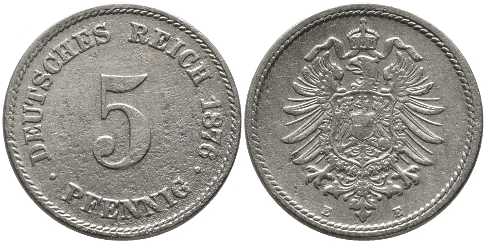 ГЕРМАНИЯ 5 ПФЕННИГОВ 1876 Е, СТАРОГЕРБОВКА KM 3, J.3 медно-никель 96-617